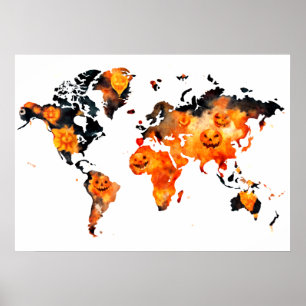 Halloween Pumpkin POD  Wall Art World Map Poster