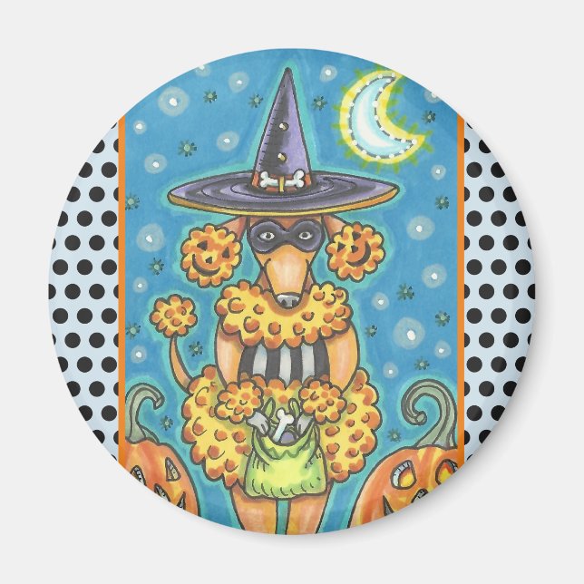 HALLOWEEN PUMPKIN POODLE, DOG MAGNET Round (Front)