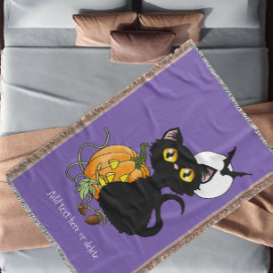 Halloween Pumpkin Purple Black Cat Throw Blanket
