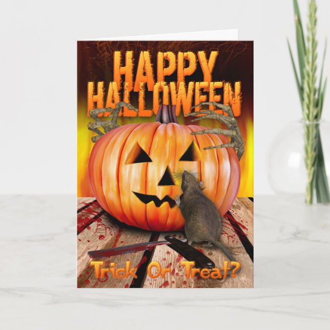 Halloween Pumpkin Rat, Skeleton Hands And Fire Card (Front)