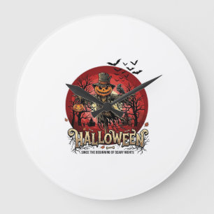 Halloween Pumpkin Scarecrow Raven Bats_1 Large Clock