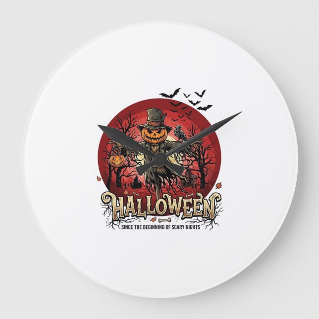 Halloween Pumpkin Scarecrow Raven Bats_1 Large Clock (Front)