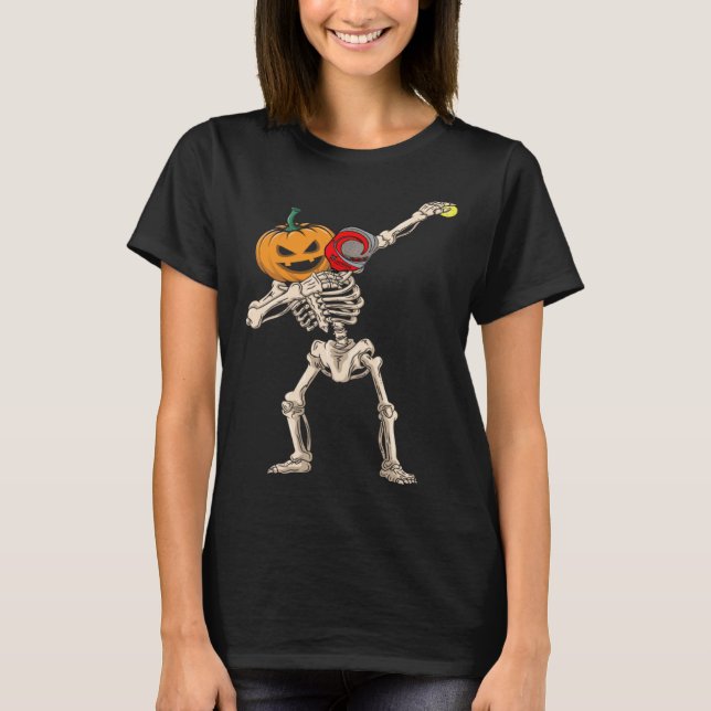 Halloween Pumpkin Skeleton Pickleball Dabbing T-Shirt (Front)