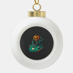Halloween Pumpkin Skeleton Playing Pool Billiards  Ceramic Ball Christmas Ornament