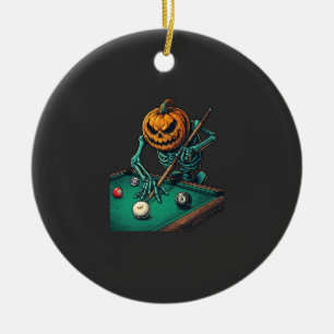Halloween Pumpkin Skeleton Playing Pool Billiards  Ceramic Ornament