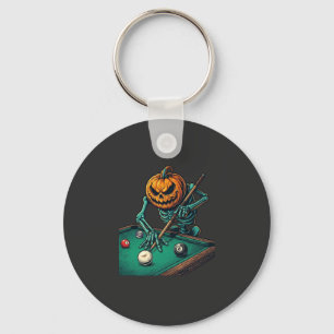 Halloween Pumpkin Skeleton Playing Pool Billiards Keychain