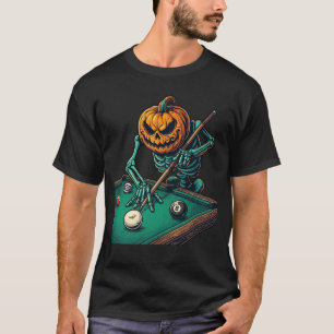Halloween Pumpkin Skeleton Playing Pool Billiards T-Shirt