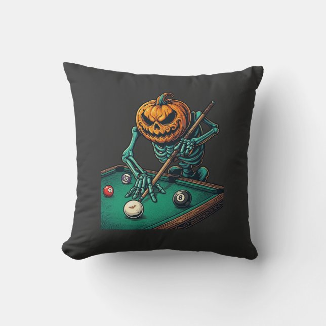 Halloween Pumpkin Skeleton Playing Pool Billiards  Throw Pillow (Front)