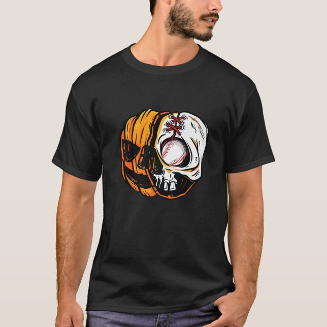 Halloween Pumpkin Skeleton Skull Baseball Player C T-Shirt (Front)