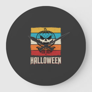 Halloween Pumpkin Skull Retro Vintage Large Clock