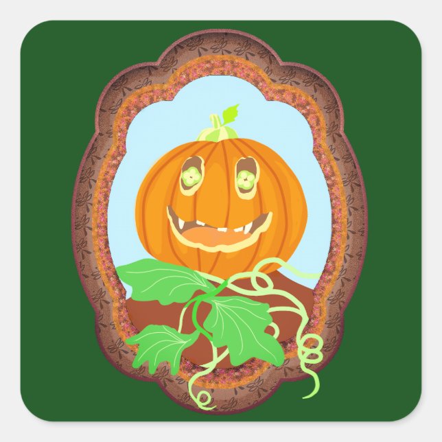 Halloween pumpkin smiling whimsical and spooky square sticker (Front)