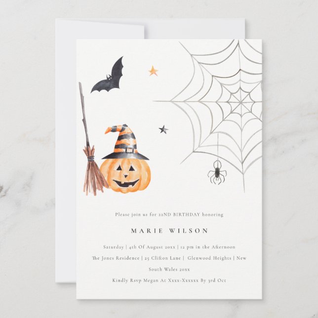 Halloween Pumpkin Spider Any Age Birthday Invite (Front)