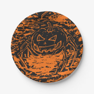 Halloween Pumpkin Spider Orange Line Art Paper Plate