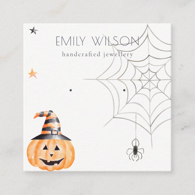 Halloween Pumpkin Spider Web Stud Earring Display Square Business Card (Front)