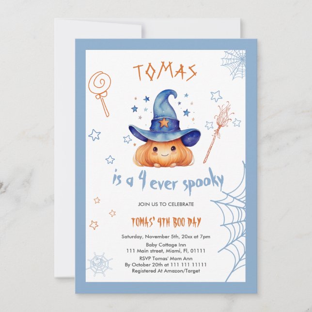 Halloween Pumpkin Spooky 4th Birthday Invitation  (Front)