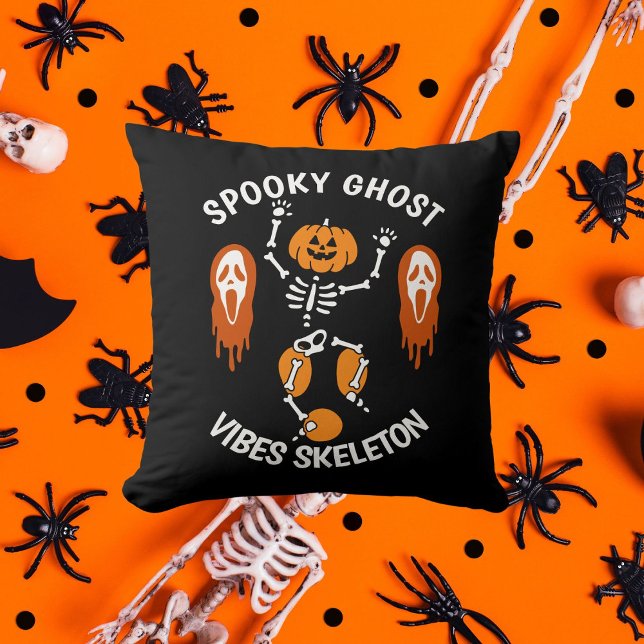 Halloween Pumpkin Spooky Ghost Skeleton Black Throw Pillow (Creator Uploaded)