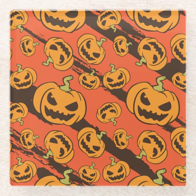 Halloween Pumpkin: Spooky Seamless Pattern Glass Coaster (Front)