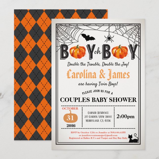 Halloween pumpkin twins boy coed shower rustic invitation (Front/Back)