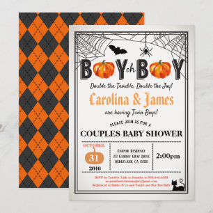Halloween pumpkin twins boy coed shower rustic invitation