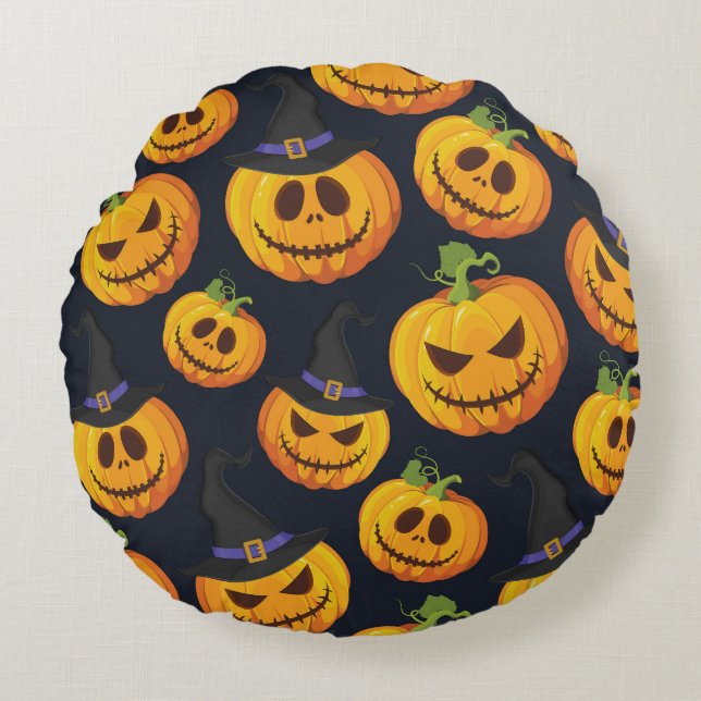 Halloween Pumpkin: Vintage Witch Pattern Round Pillow (Front)