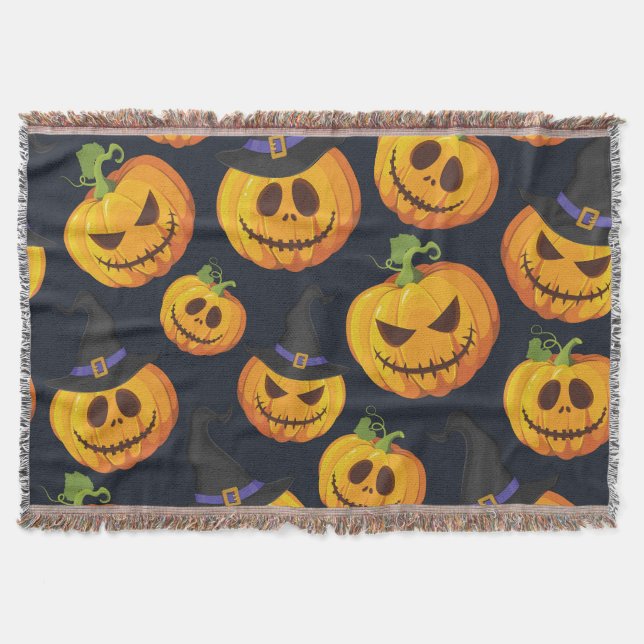 Halloween Pumpkin: Vintage Witch Pattern Throw Blanket (Front)