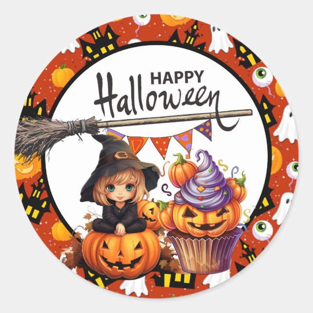 Halloween Pumpkin Witch  Classic Round Sticker (Front)