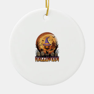 Halloween Pumpkin Witch Hat Black Cat Full Moon_1 Ceramic Ornament