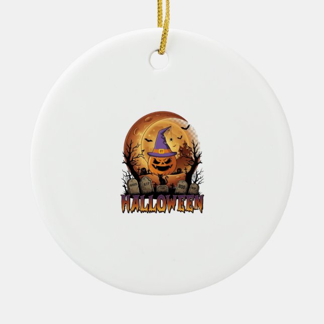 Halloween Pumpkin Witch Hat Black Cat Full Moon_1 Ceramic Ornament (Front)