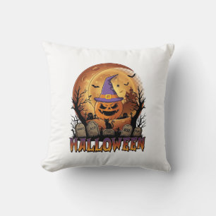 Halloween Pumpkin Witch Hat Black Cat Full Moon_1 Throw Pillow