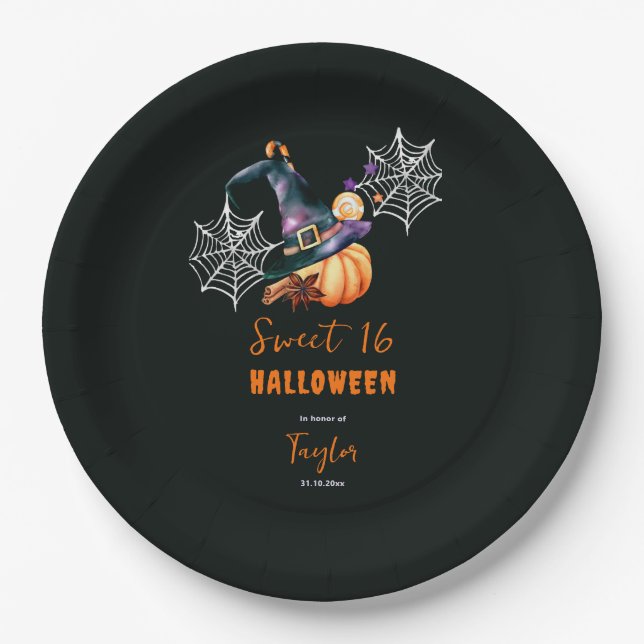 Halloween Pumpkin Witch Hat Ghosts Cute Sweet 16 Paper Plate (Front)