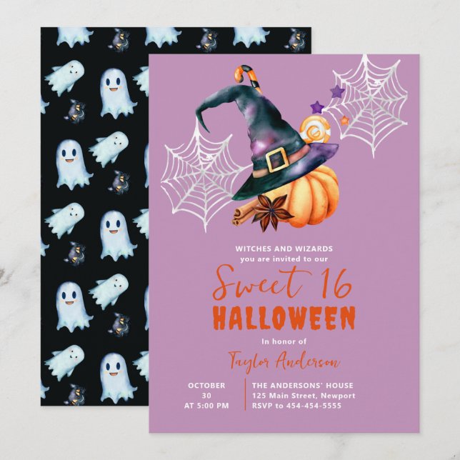 Halloween Pumpkin Witch Hat Ghosts Purple Sweet 16 Invitation (Front/Back)