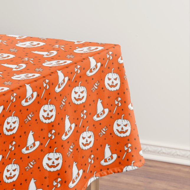 Halloween Pumpkin Witch Hat on Large Orange  Tablecloth (In Situ)