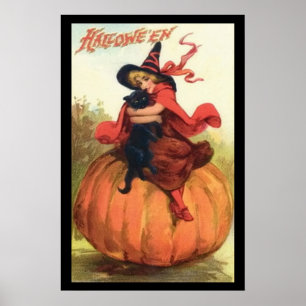 Halloween Pumpkin Witch In Red on top of a pumpkin Poster