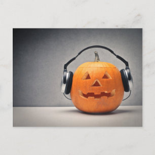 Halloween Pumpkin With Headphones For Music Postcard