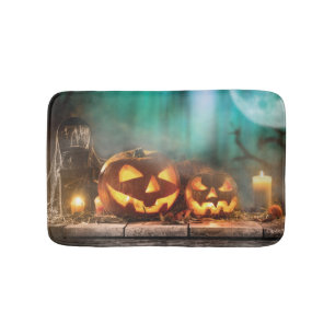 Halloween pumpkins and bats  bath mat