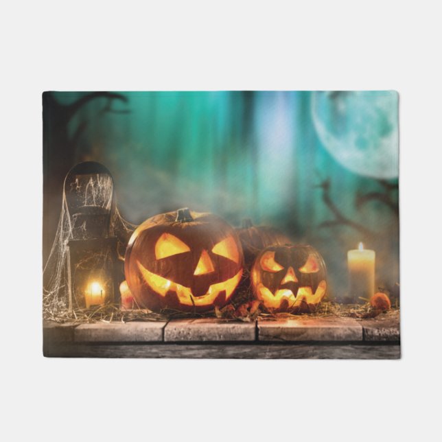 Halloween pumpkins and bats   doormat (Front)