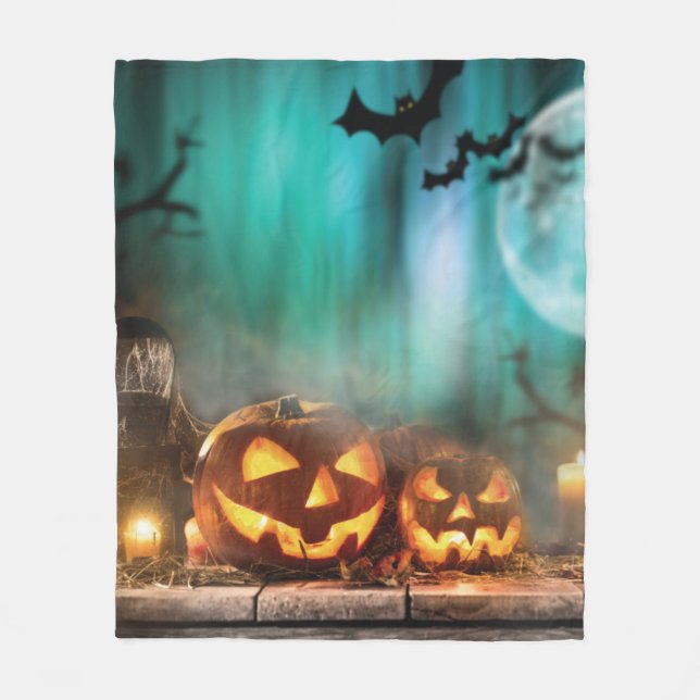 Halloween pumpkins and bats  fleece blanket (Front)