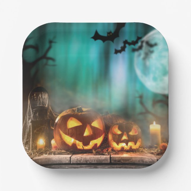Halloween pumpkins and bats  paper plate (Front)