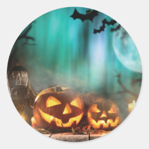 Halloween pumpkins and bats throw pillow classic round sticker