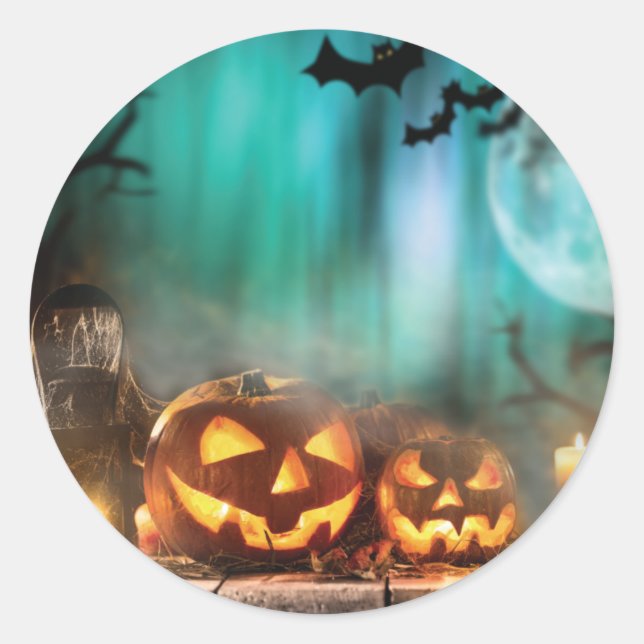Halloween pumpkins and bats  throw pillow classic round sticker (Front)