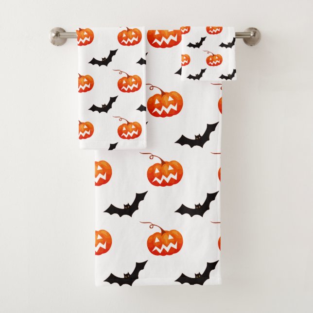 Halloween Pumpkins and Bats, Trick or Treat, Boo Bath Towel Set (Insitu)