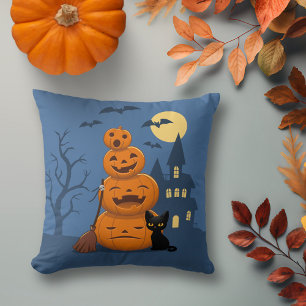 Halloween Pumpkins and Black Cat Throw Pillow