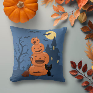 Halloween Pumpkins and Black Cat Throw Pillow
