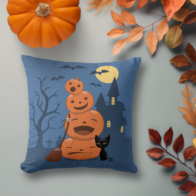 Halloween Pumpkins and Black Cat Throw Pillow (Creator Uploaded)
