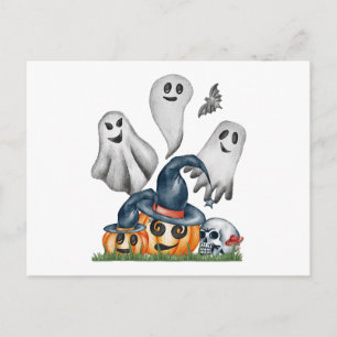 Halloween Pumpkins and Ghost  Holiday Postcard