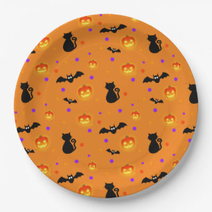 Halloween pumpkins, bats & cats on orange paper plate