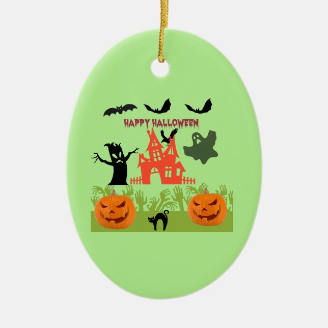 Halloween Pumpkins, Bats, Frightful Tree and Ghost Ceramic Ornament (Front)