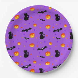 Halloween pumpkins & bats on purple paper plate