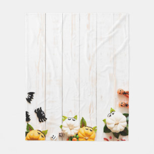 Halloween pumpkins, bats, spider top view. fleece blanket