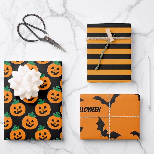 Halloween Pumpkins Bats Stripes Orange Black Wrapping Paper Sheet (Front)